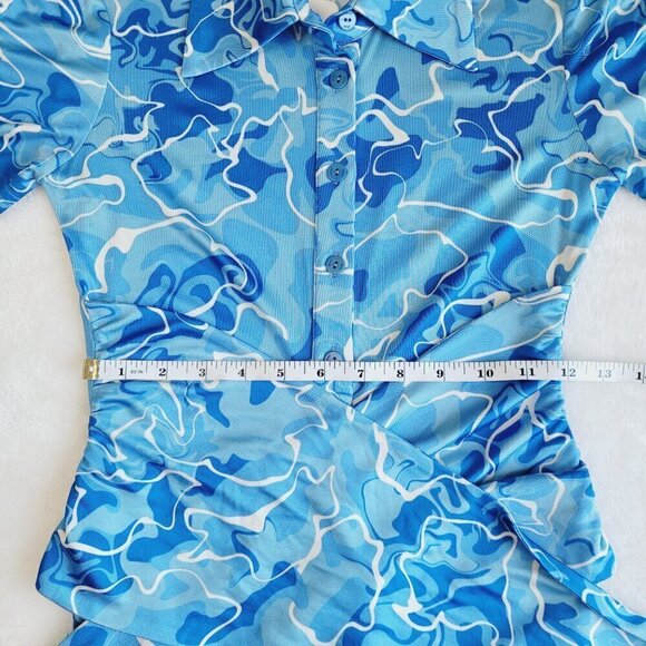 Stretchy Jersey Shirt Midi Dress - Ruched Bodycon Pool Water Print Summer Beach - Picture 10 of 15